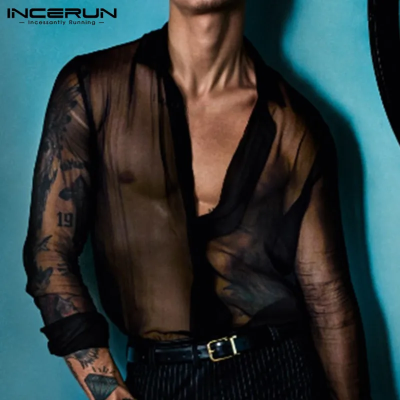 INCERUN siatkowana koszula mężczyźni Lapel przepuszczalność Sexy stylowy przycisk 2023 Camisa z długim rękawem przezroczysty klub nocny koszula męska S-3XL