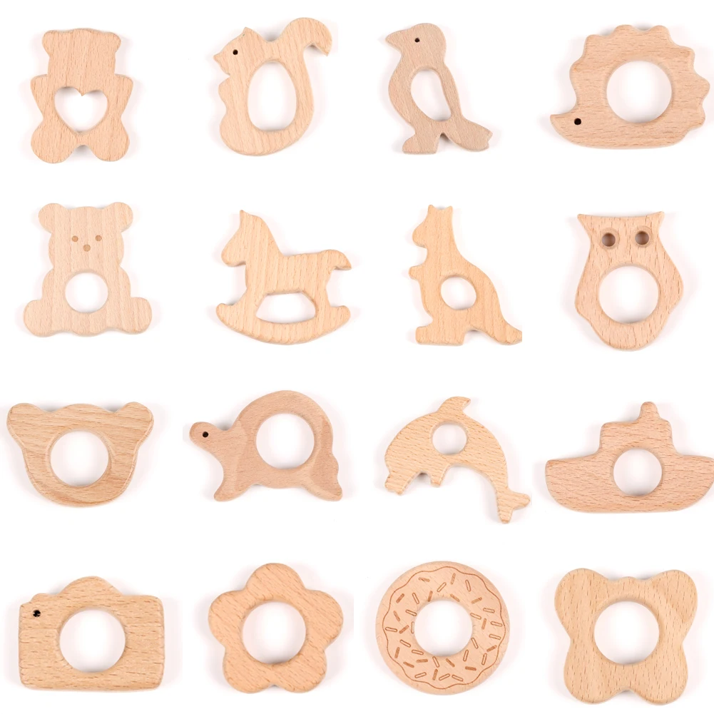 1/3/5Pcs Wooden Teether Safe Bird Elephant Plant Hedgehog Rodent Pacifier Pendant Wooden Toys DIY Necklace Gift BPA Free Beech