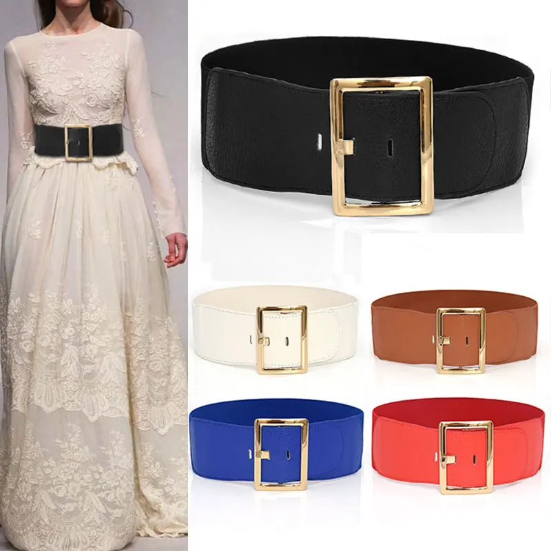 Gold Square Buckle Women Waist Belt Fashion Wide Elastic Belt Dress Accessories Belts for Women Luxury Decorative Waistband 2020