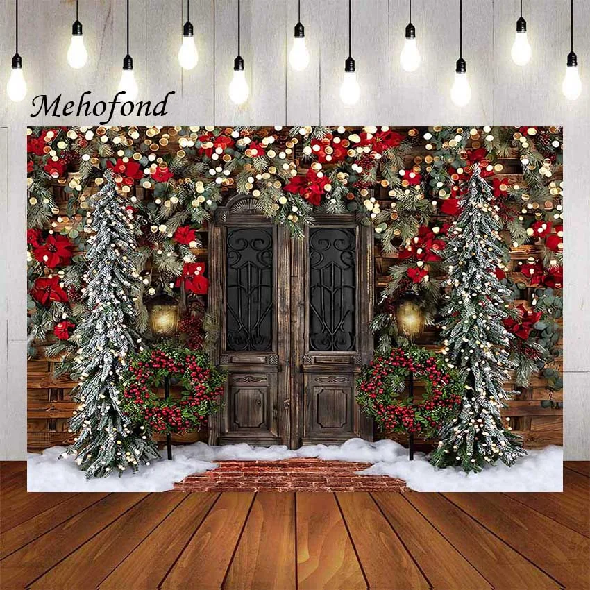 Mehofond Photography Background Winter Christmas Snow Vintage Door Glitter Pine Tree Kids Family Portrait Backdrop Photo Studio