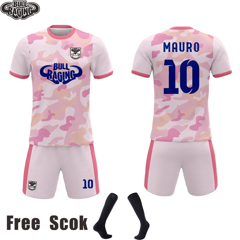 Pink Blue Grey Color Camo Design Custom Men Soccer Club Uniforms Polyester Mesh Quick Dry Soccer Jersey Sets