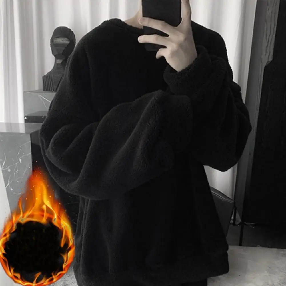 Korean Style Men Sweatshirt Solid Color O Neck Loose Cozy Keep Warm Winter Top Loose Men's Men Men Hoodie pullovers Streetwear