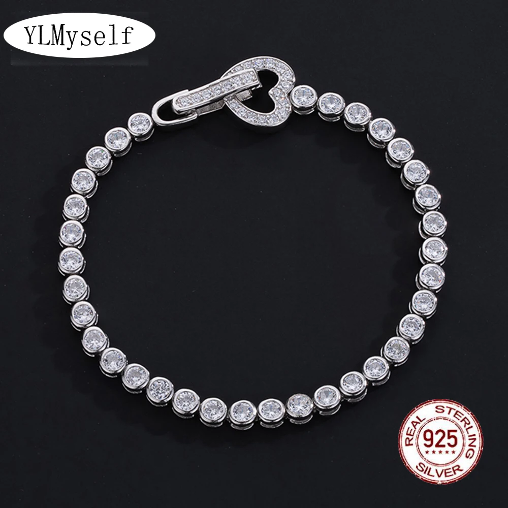 

Real 925 Silver 15-19CM Bracelet Pave 3MM Shiny Zircon Heart Buckle Eternal Wedding Engagement Gift Beautiful Love Jewelry