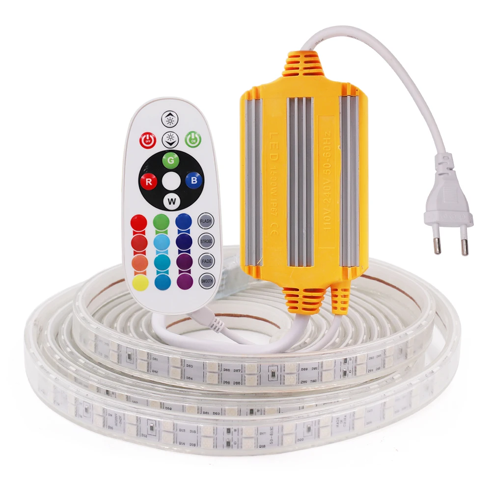 fita de led colorida com controle remoto 5050 v 24 teclas a prova dagua kit europeu flexivel decoracao para casa 220 led m 01