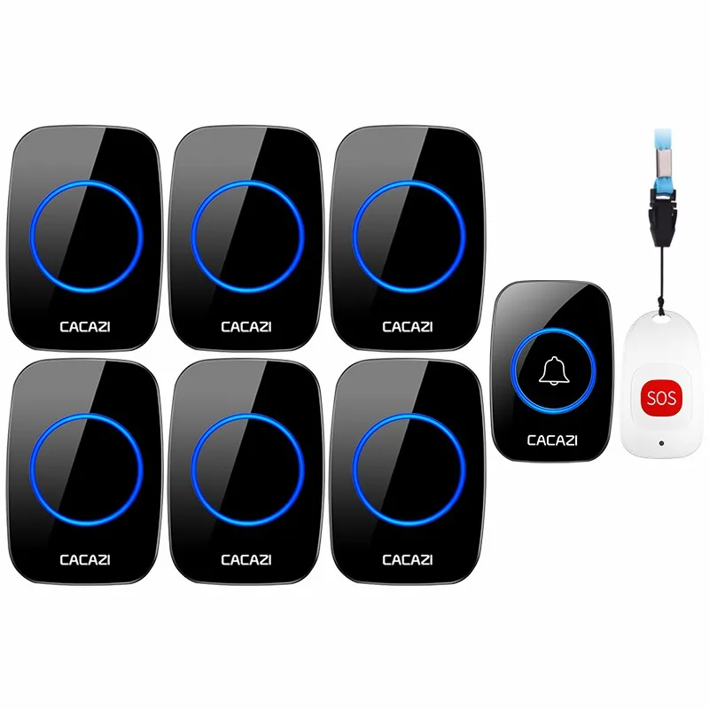 

CACAZI Smart Home Wireless Pager Doorbell Old man Emergency Alarm Call Bell US EU UK Plug 80m Remote 1 button 1 pager 6 Receiver