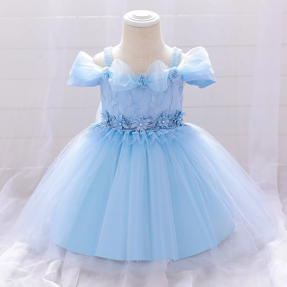 New Infant Baby Girl Dress Petals Tulle Baptism Dresses for Girls 1 Year Birthday Beading Party Wedding Baby Clothing