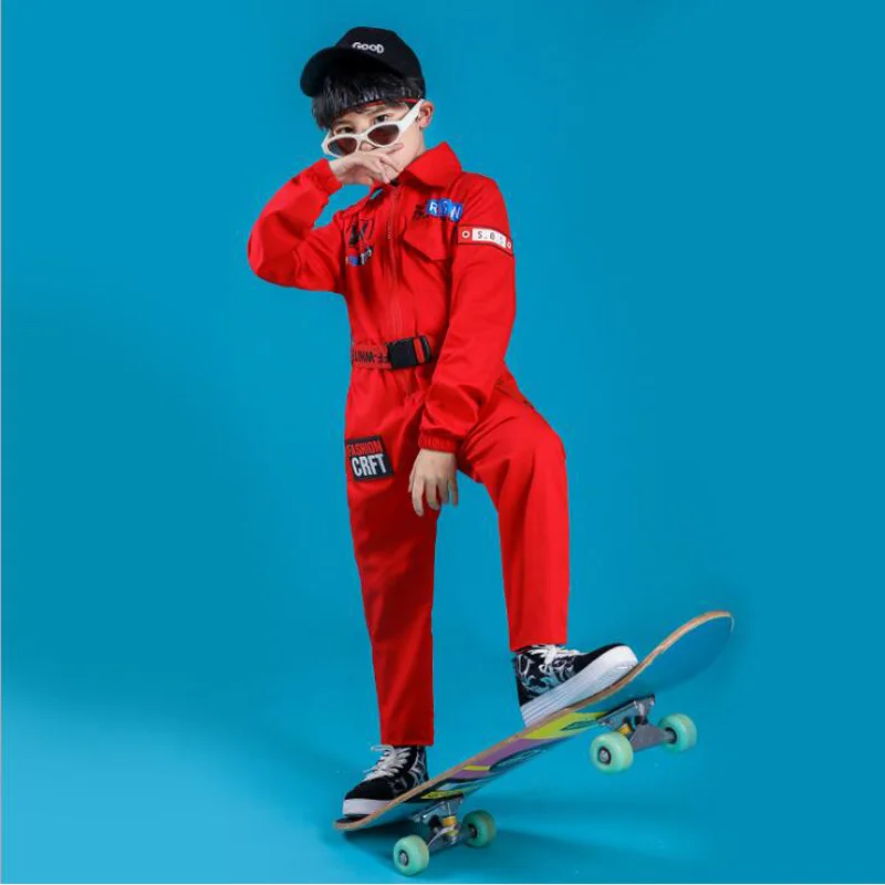 Kids Long Sleeve Hip Hop Clothing Blue Red Loose Jumpsuit Overalls for Girls Boys Jazz Dance Costumes Dancing Clothes Wear