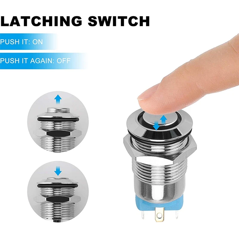 5PCS 12mm Latching Push Button Switch High Round Cap, Waterproof Metal Push Button Switch with 12V/24V Blue Light