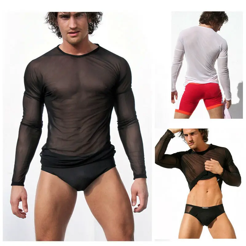 

Hirigin Mens Undershirt Gay clothing Nylon Mesh Shirt See Through Sheer Long Sleeves T Shirts Sexy transparent shirt Underwear