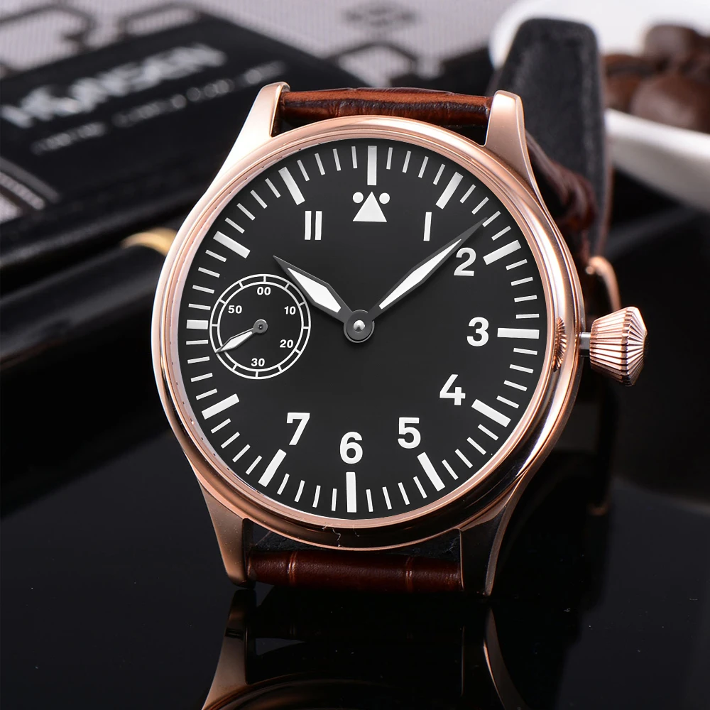 44MM Corgeut Fashion Sport Mechanical Watch Leather Black dial stainless case Hand Winding Seagull 6497 Mens watch часы мужские