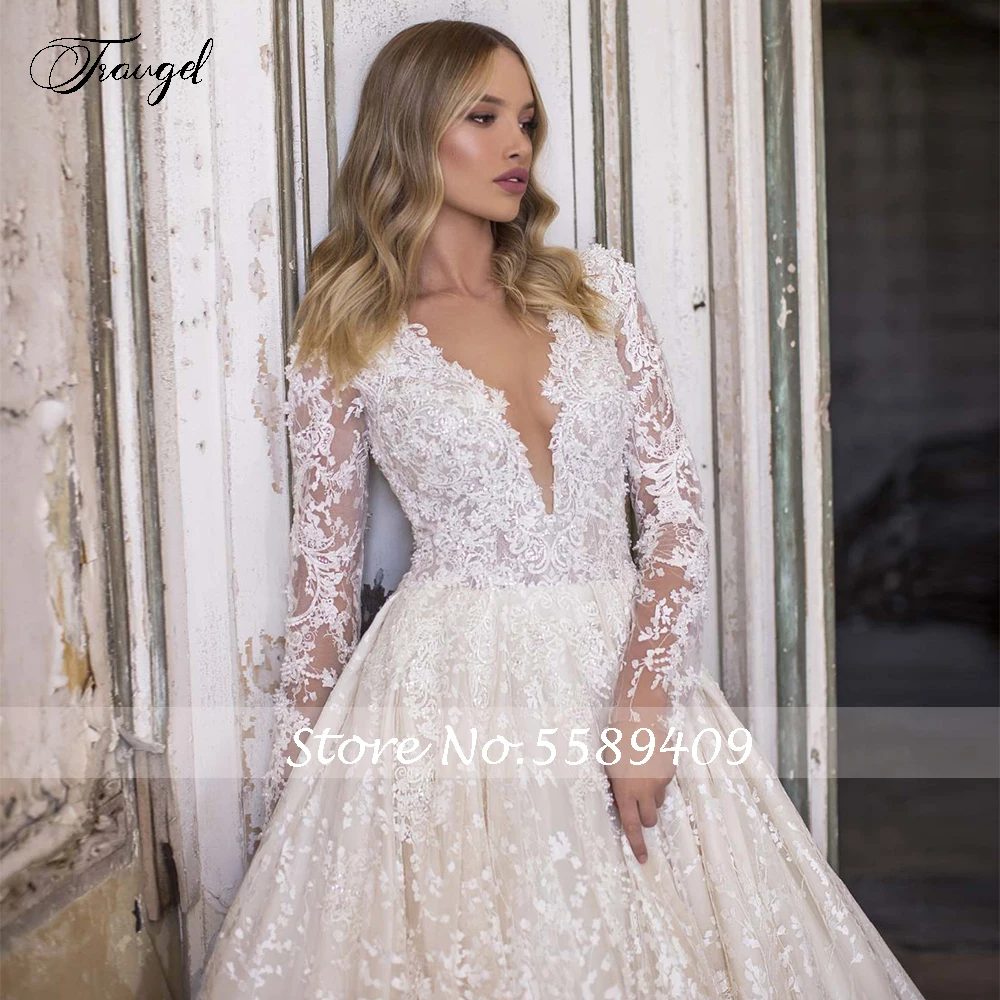 Traugel V Neck A Line koronkowe suknie ślubne elegancka aplikacja z długim rękawem Zipper Bride suknie kaplica pociąg suknie ślubne Plus rozmiar