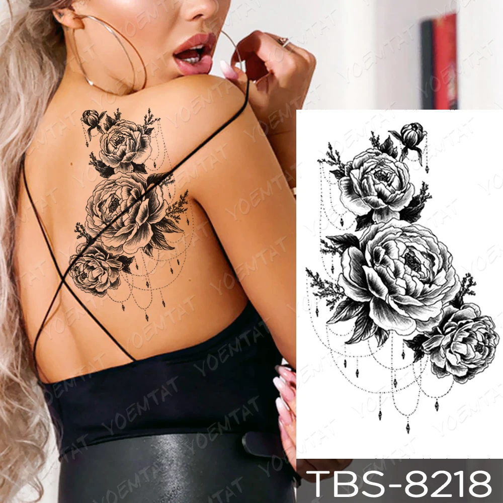 Tatuagem adesiva temporária, arte corporal de henna para braço, feminino e masculino, flor, peônia e rosa, flash