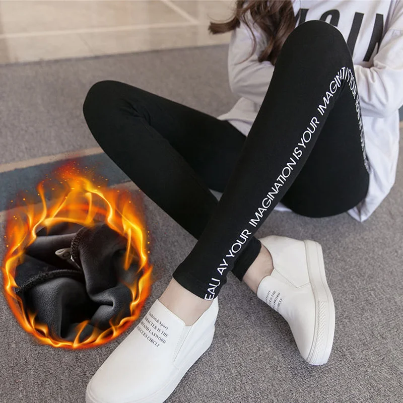 Moda carta imprimir magro legging mulher mais veludo inverno tornozelo-comprimento manter quente calças de cintura alta tamanho grande feminino