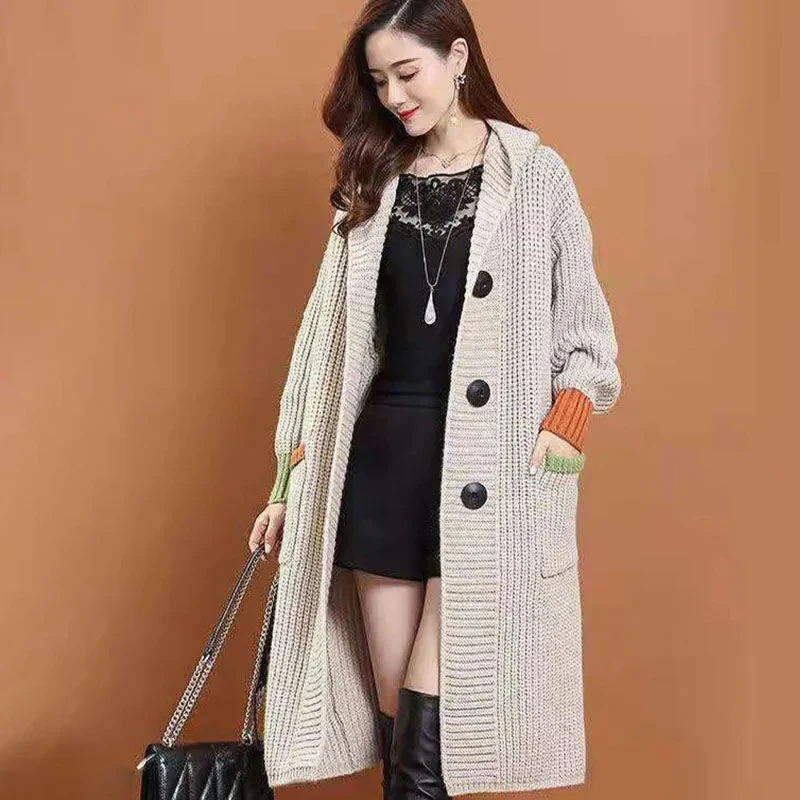 

Hooded Coarse Yarn Cardigan Women Korean Fashion Casual Loose Long Knitted Sweater Coat Vintage Warm Female Winter Clothing