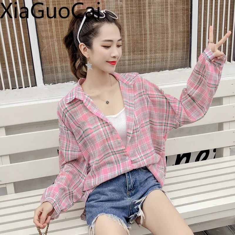 Summer Breathable Women Chiffon Blouse New Ladies Plaid Shirts Spring and Summer Thin Loose Long-sleeved Shirts