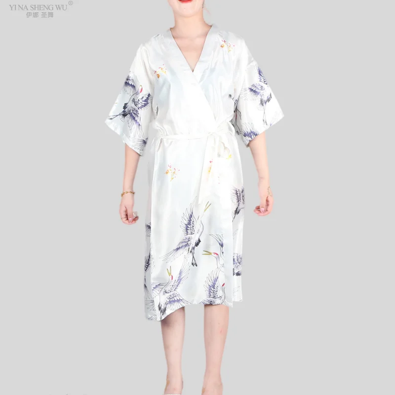 Japanese Style Long Style Loose Peacock Women Half Sleeve Yukata Dress Pajamas Cranes Kimono New Women Chinese Night Gown Robe