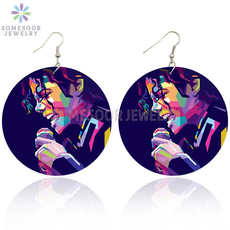 SOMESOOR Soul Dancer Singer Michael Jackson Printed Wooden Drop Earrings Great Man Idol Forever Ear Loops Jewelry For Women Gift