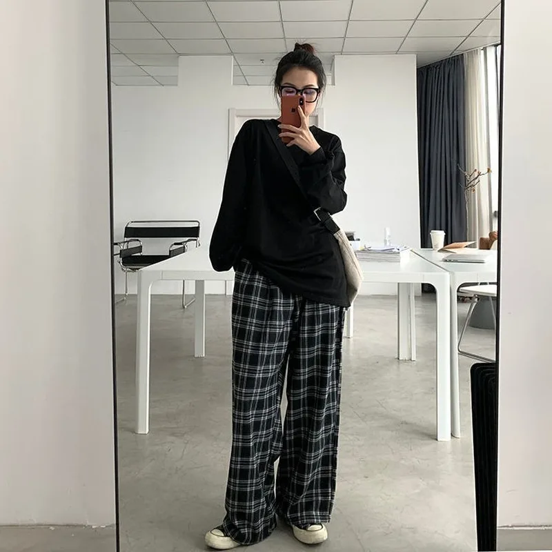 Wide Leg Pants Womens Hot Sale Summer Fall Chic High Waist All-match Teens Streetwear Ins Trendy Harajuku Plaid Trouser