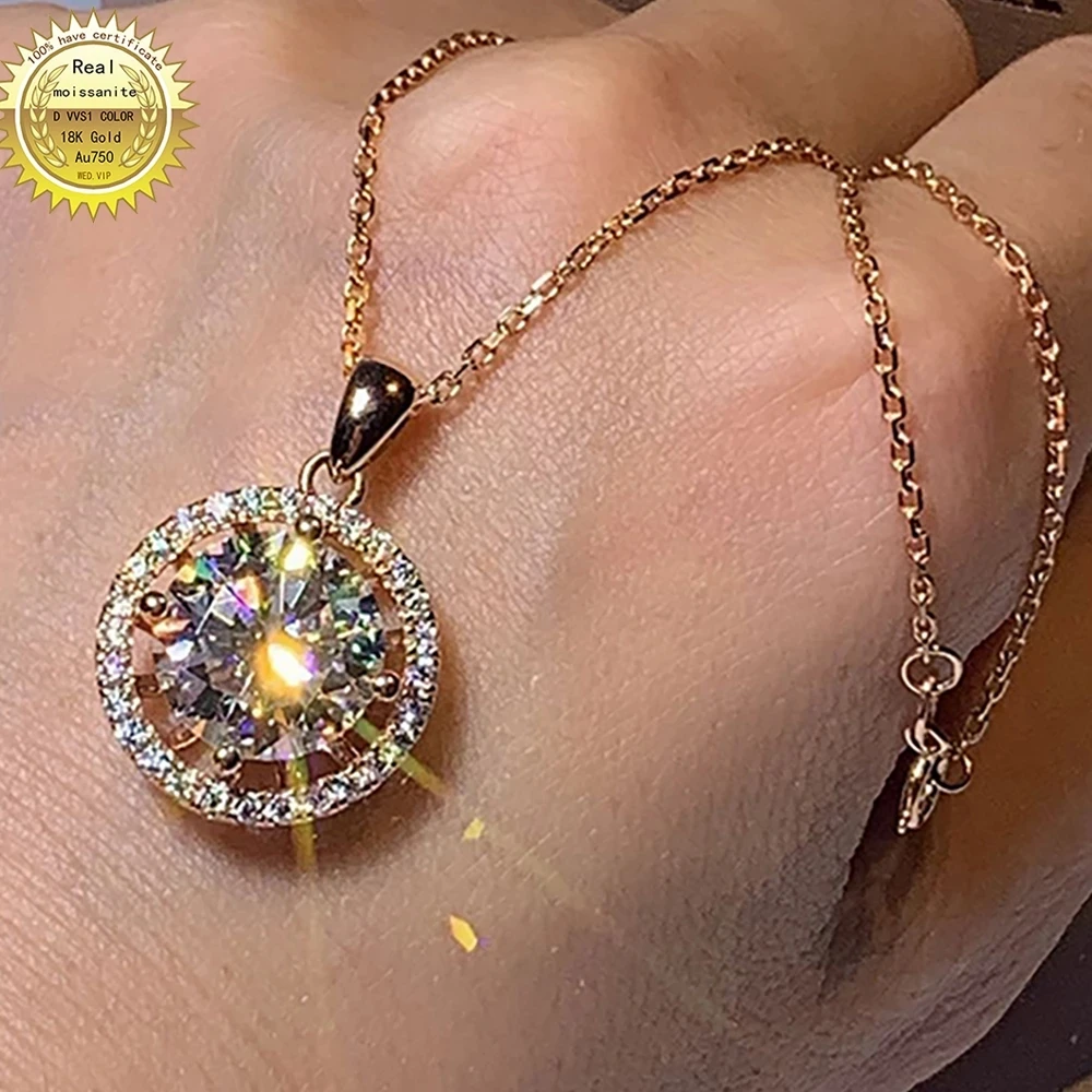 

18K Au750 Rose Gold Women Pendant Necklaces Moissanite Diamonds Round Elegant Wedding Party Engagement Anniversary Present