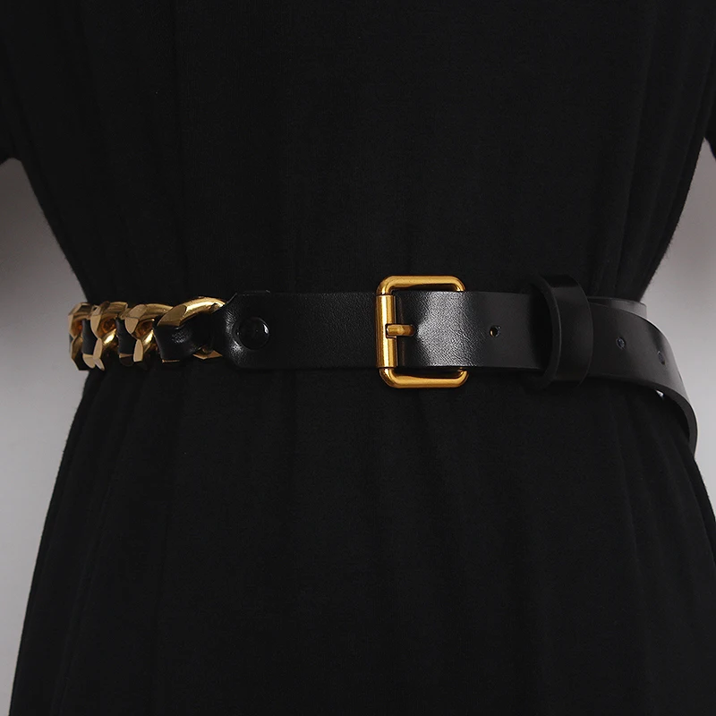 

Women's Runway Fashion Genuine Leather Chain Cummerbunds Female Dress Corsets Waistband Belts Decoration Wide Belt TB2075