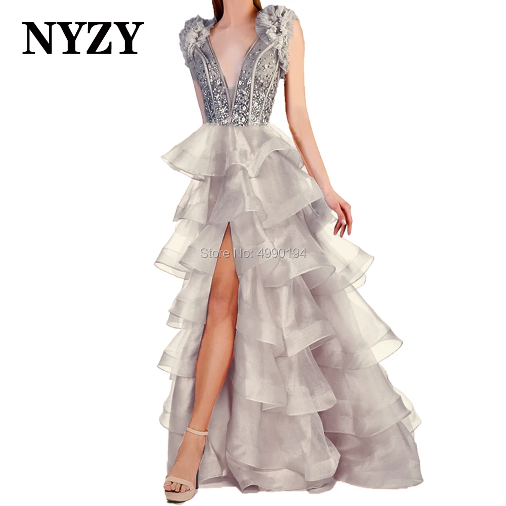 NYZY – Robe de soirée élégante rose, tenue de bal en Organza à volants, cristaux, mode, 2020, P103