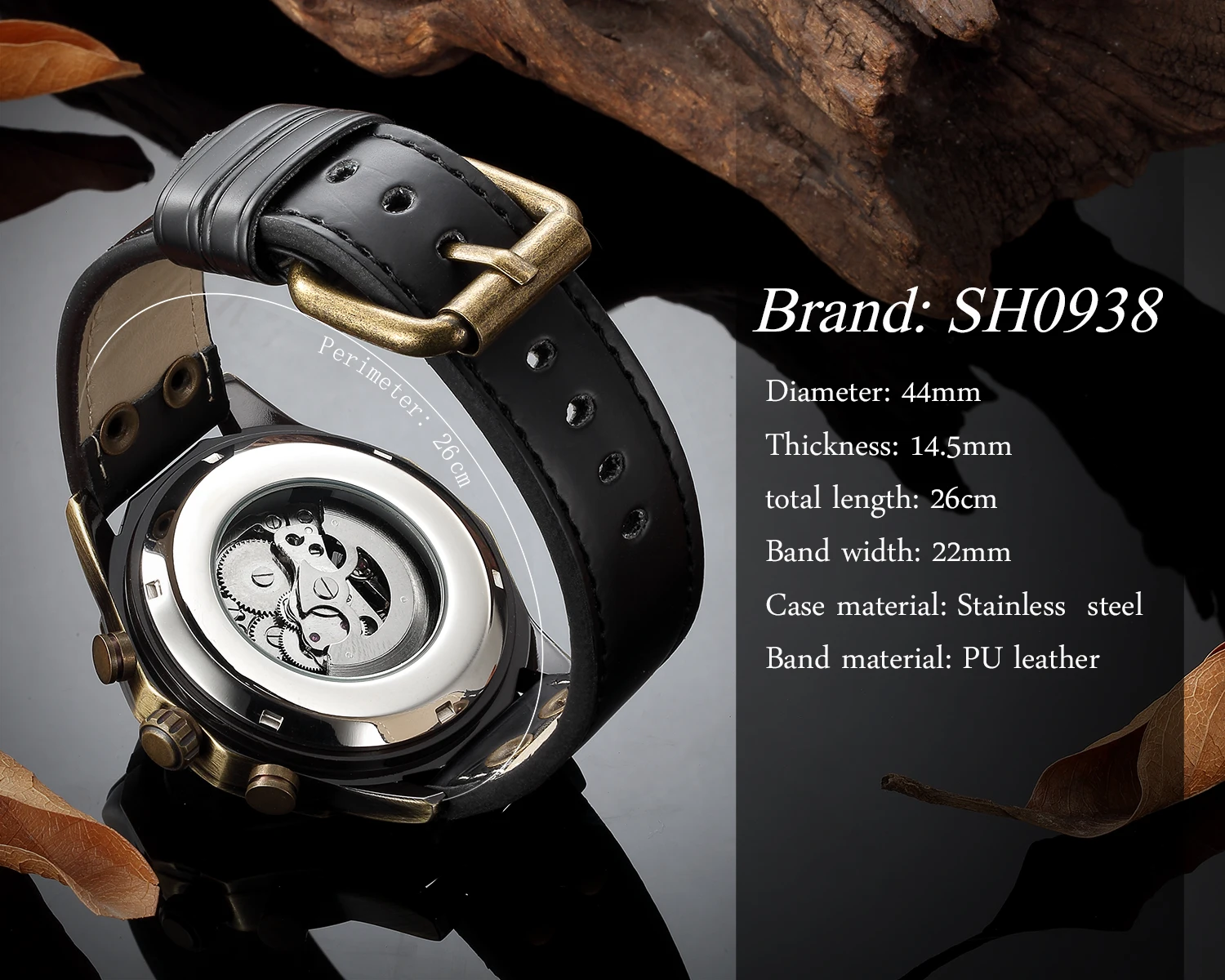 SHENHUA Blue Transparent Glass Automatic Mechanical Watch Antique Bronze Steampunk Dial Black Leather Wristwatches Men Clock