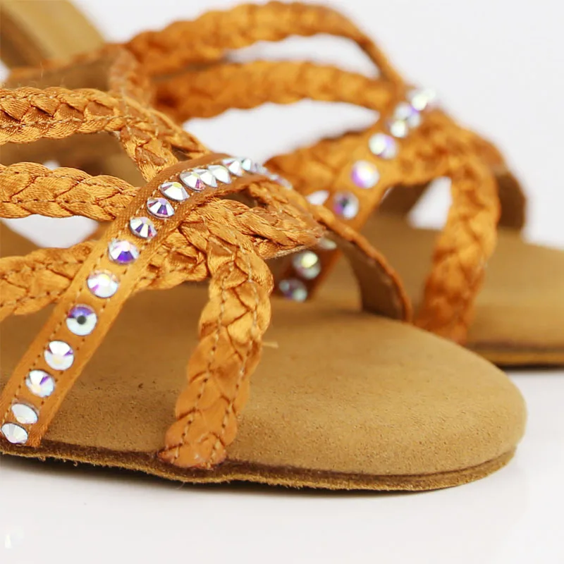 New Model BD 2382 Women Latin Dance Shoes High Slim Pen Heel Dark Tan Satin Ladies Sandal Soft Raw Leather Samba Rumba ChaCha