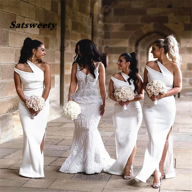 White One Shoulder Wedding Party Gown Mermaid Bridesmaid Dresses Elastic Satin Side Split Vestido De Festa De Casamento