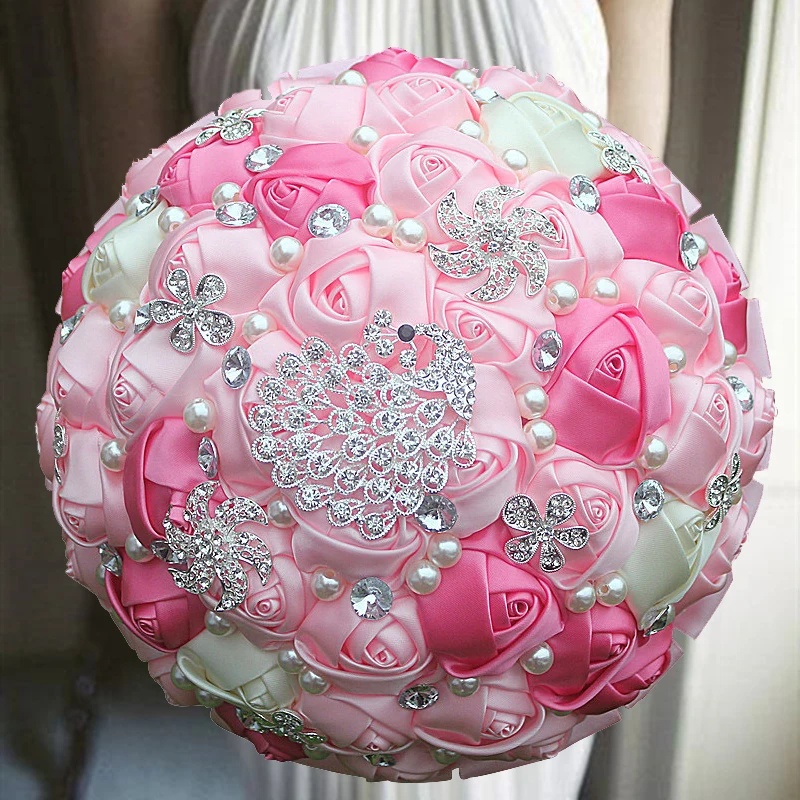 1 pz/lotto strass rosa che tengono fiori fiori da sposa mazzi da sposa nastro avorio spilla Bouquet Bouquet di diamanti da sposa