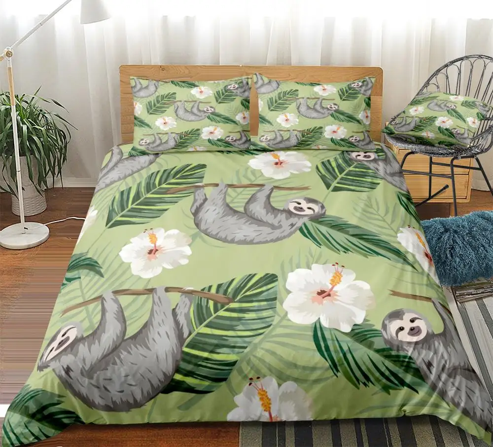 

Sloth Bedding Set Cartoon Animal Duvet Cover Set Flowers Slothes Bedclothes Kids Teens Home Textile Green Microfiber Bed Linen