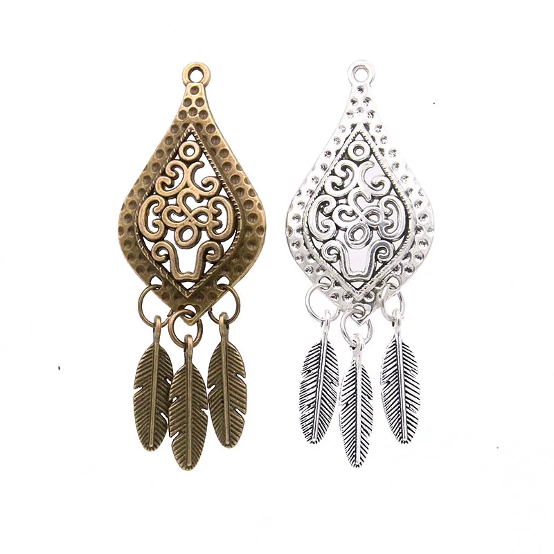 4Pcs 22*62MM Metal Alloy Two Color Hollow Charm Feather Wings Dream Catcher Tree Leaf  Necklace Pendant For Diy Handmade