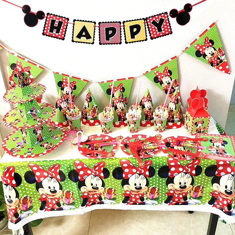 Red Minnie Party Supplies Set Disposable Tableware Minnie Mouse Party Plate Cup Napkin Cartoon Kids Girl Birthday Party Supplies