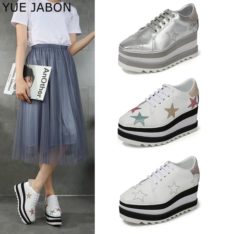 

Genuine Leather Height Increasing Star Rivet Shoes Classic Platform Mix Color Square Toe Wedge Shoes Lace Up Star Casual Shoes