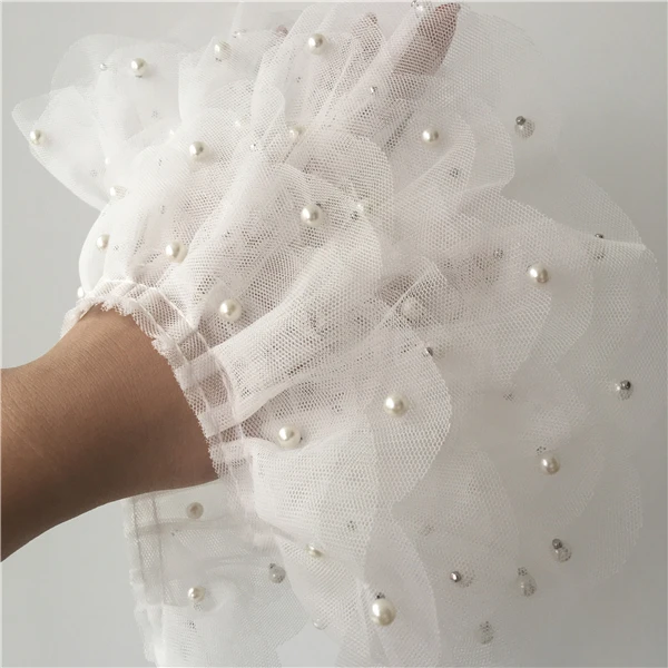 White Bead Floral Pleated Flower Embroider Lace Trim Fabric Wedding Dress Trouser Leg Wrist Sewing Clothing Accessories 6.5cm