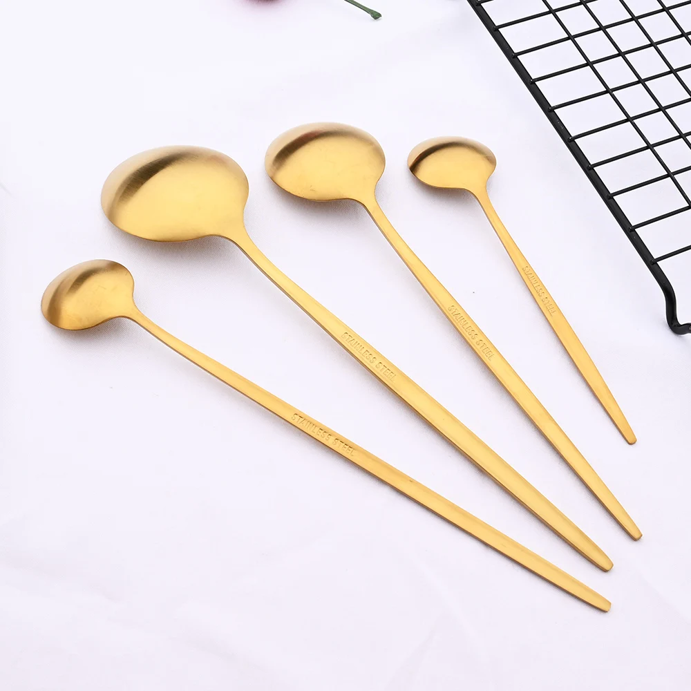 Matte Gold Tableware Stainless Steel Cutlery Set Kitchen Flatware Dinner Fork Spoon Knife Cake Fork Ice Spoon Dinnerware Set