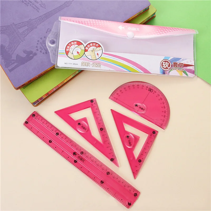 4 Pcs/Set Plastic Soft Ruler Set Straightedge Triangle Protractor Sets Red Blue Green Students Math Geometry Painting Supplies