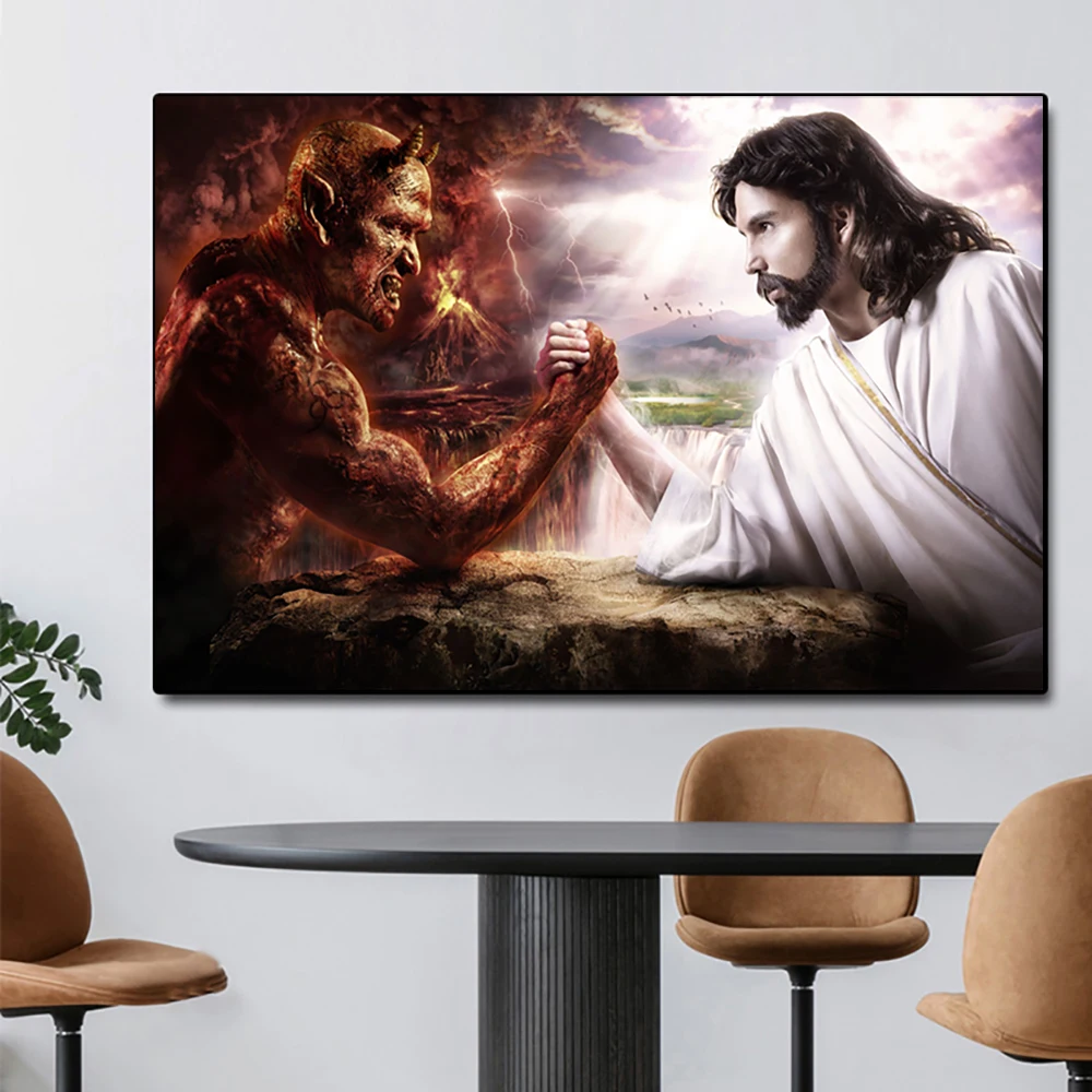 God Jesus Vs Satan Devil Art Picture On Canvas Painting Poster And Prints Religion Wall Art Decoration For Christian Living Room