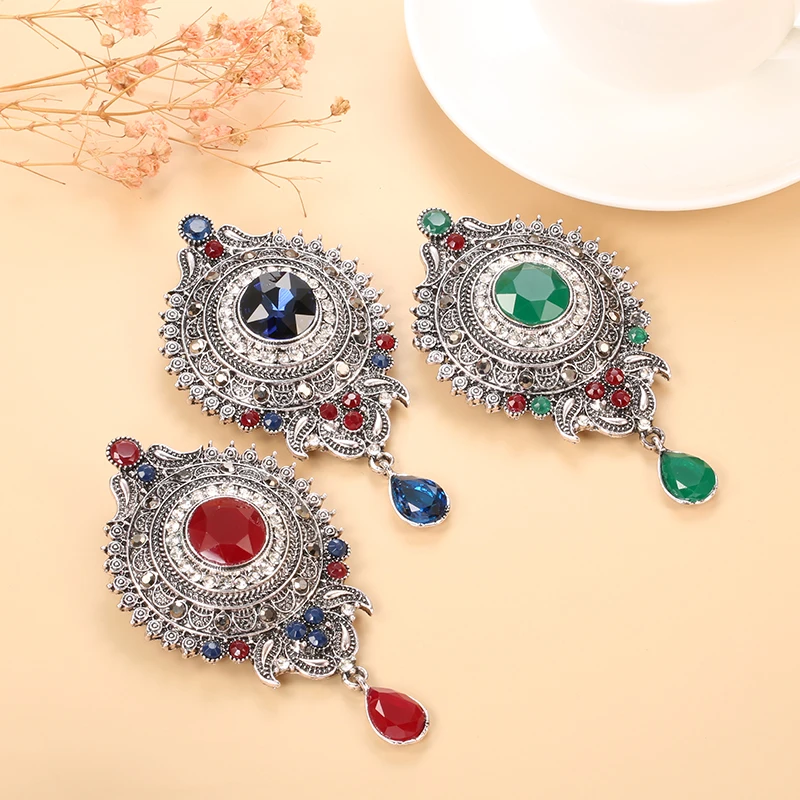 Kinel Boho Tibetan Silver Green Crystal Flower Brooch Pins Metal Scarf Clothing Christmas Gift Banquet Vintage Wedding Jewelry