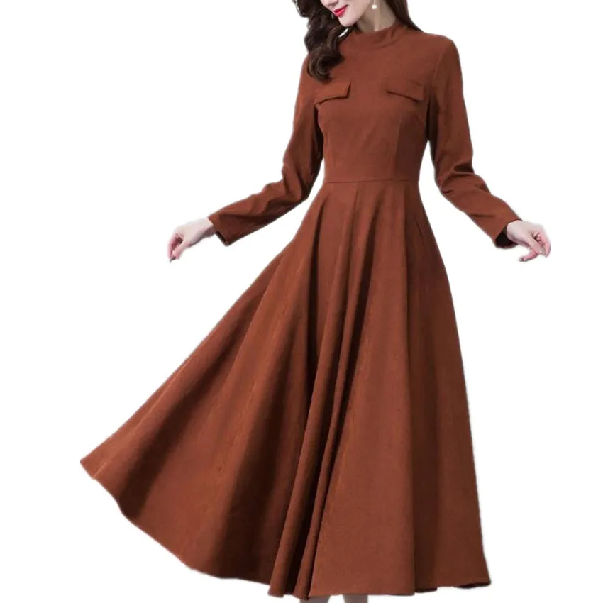 

French retro corduroy long dress women spring autumn temperament high waist big swing dress