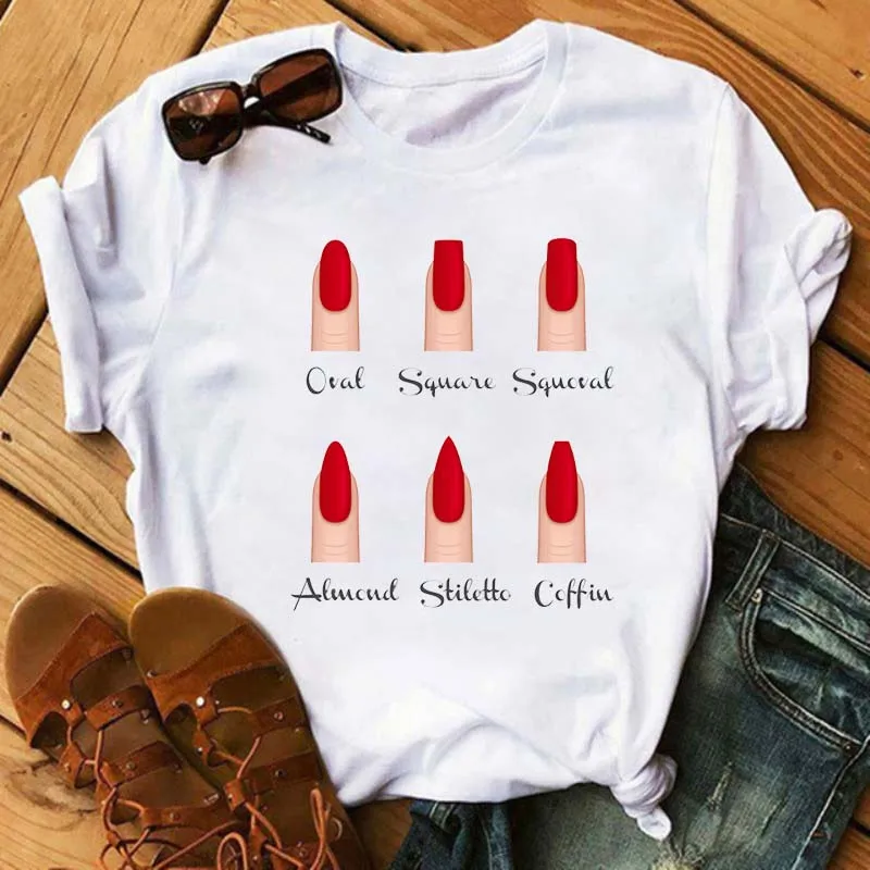 Maycaur Women T Shirt Funny Nail Art Print Tshirt Summer Casual Short Sleeve Shirts Harajuku 90s Ulzzang Girls Black Tee Female