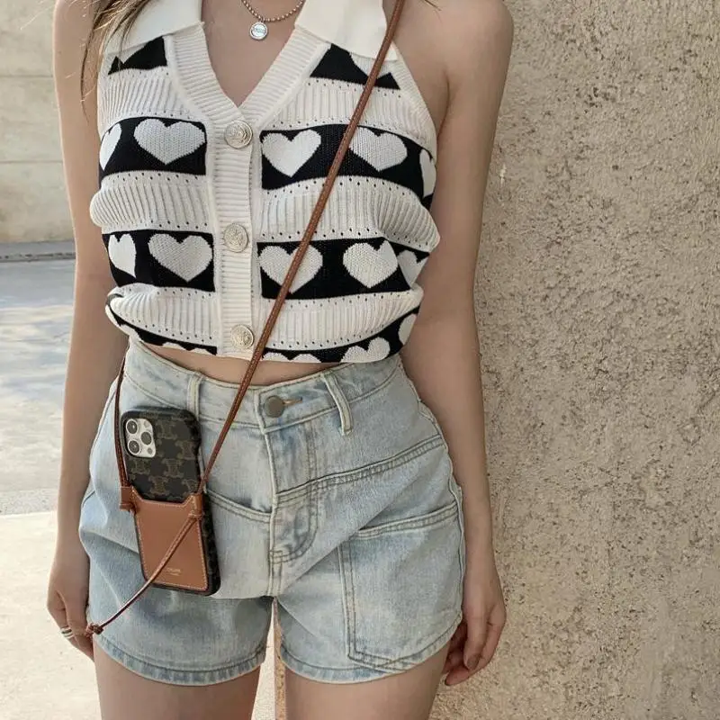 Sweet Heart Printed Knit Tank Vest Female Spring Summer Fashion Beachwear Backless Deep V Neck Sweater Crop Top Harajuku Vest