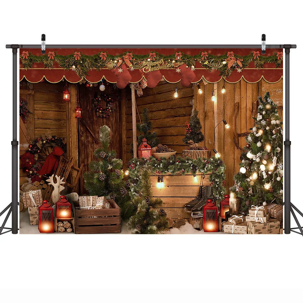 Fondo de Fotografía de Invierno, Fondo de pared de madera rústica de Feliz navidad, regalos, lámpara de luz, árbol de Navidad, fiesta familiar, sesión de fotos