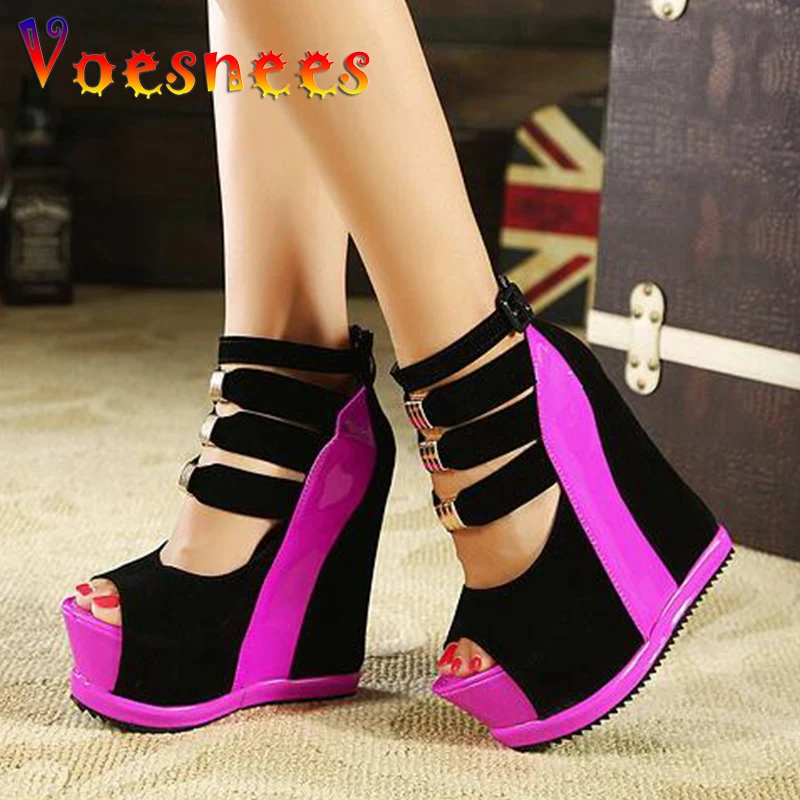 Woman Shoes 2021 Summer Genuine Women Platform Thick Soles Sandals Wedges High heel 14.5cm Peep Toe Mixed Colors SexyShoes
