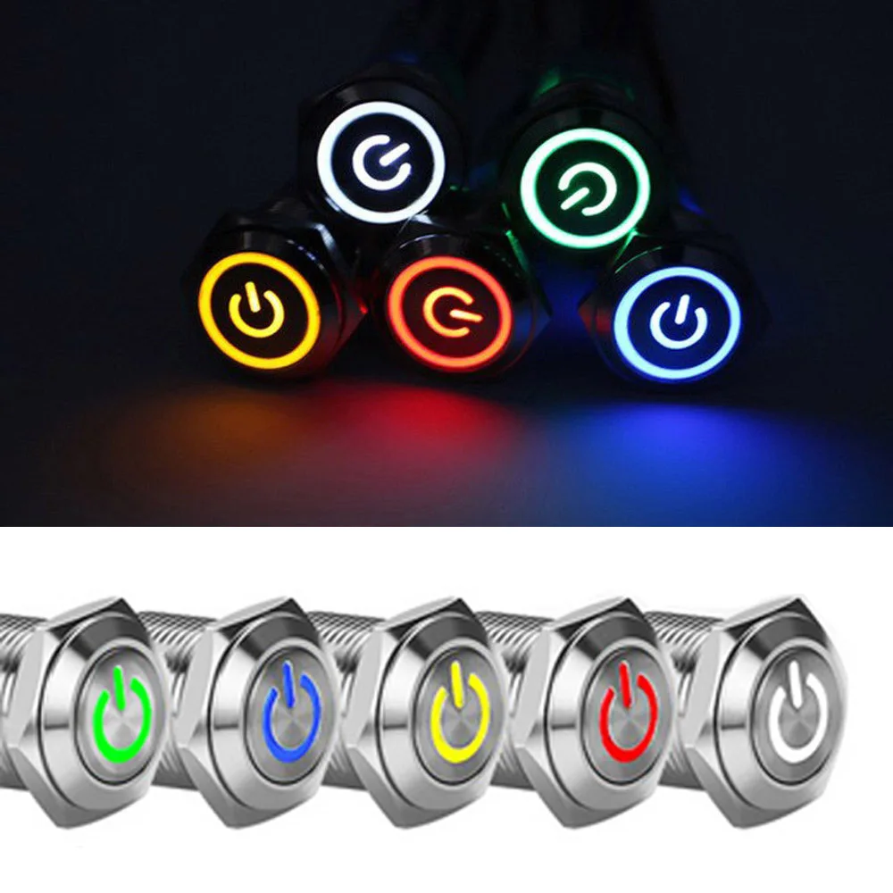 

1pc Waterproof Stainless Steel 12V 6A 16mm LED Power Button Switch Push ON/OFF Car Accessories Universal Dustproof Random color