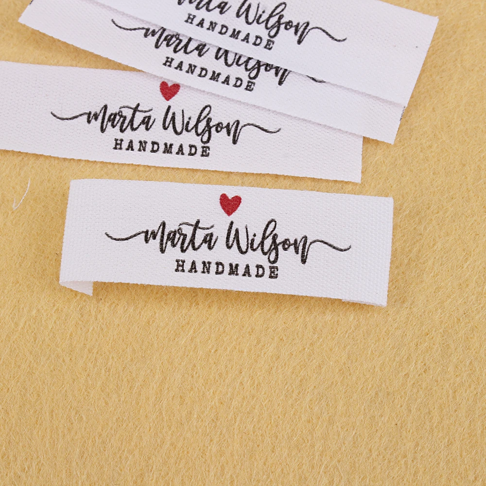 Washable Cotton Tags with Custom Logo, Sewing Labels, Clothing, Business Name, Handmade Love Heart, 15mm x 60mm, MD5210