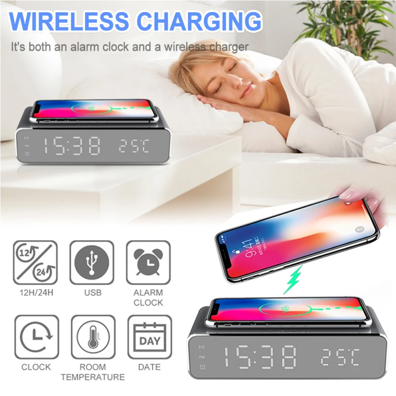 Multifunction LED Electronic Clock Radio Temperature Time Display With Mobile Phone Wireless Fast Charging Alarm Clock Radio