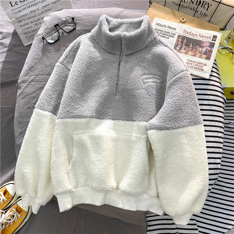 Winter Polar Fleece Apricot Blue Girly Clothes Women Sweatshirt Harajuku Embroidered Letters Thank You Loose Female Pullover