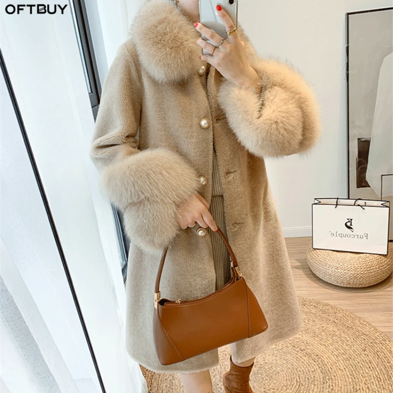 

MENINA BONITA 2022 Women Winter Jacket Real Granule Sheep Shearing Coat Natural Fox Fur Collar Streetwear Warm Outerwear Casual