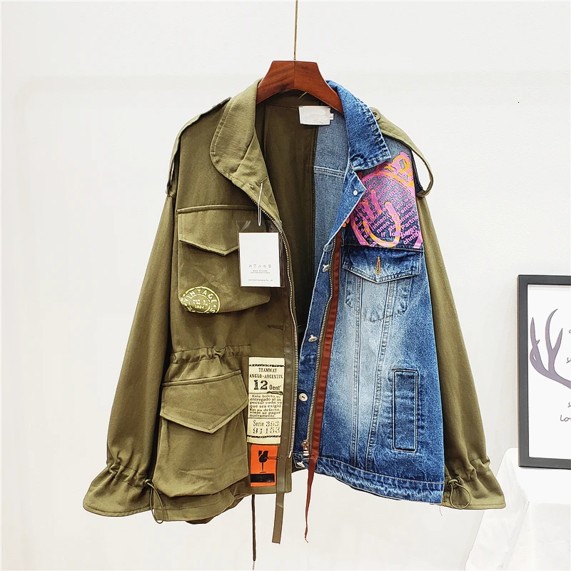 2023 Autumn New Fashion Wild Loose Stitching Blue Khaki Patchwork Denim Jacket Women