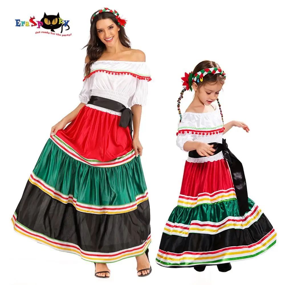 Eraspooky Traditional Folk Mexican Dress Women Girls Halloween Costume For Girl Mexico Carnival Party Family Dance Fancy Dress